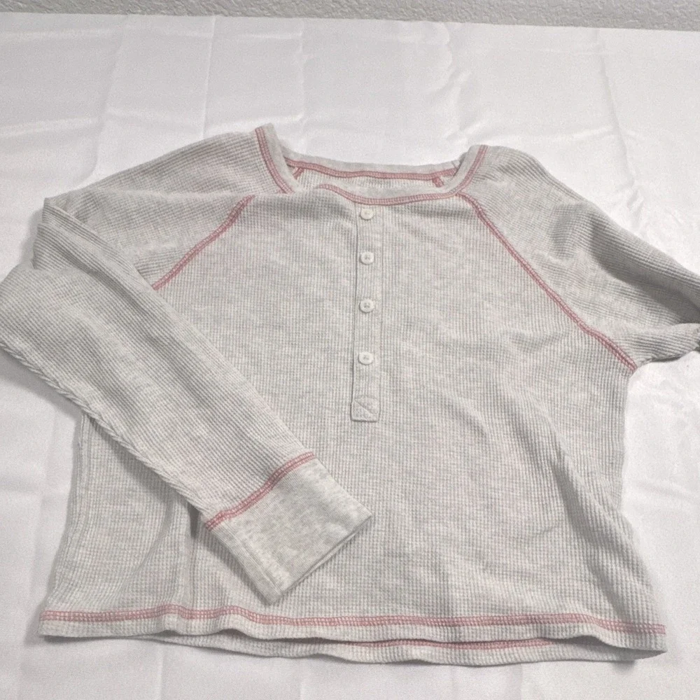 GAP Kids Girls Gray Thermal Waffle Knit Long Sleeve Henley Shirt M (8-9)